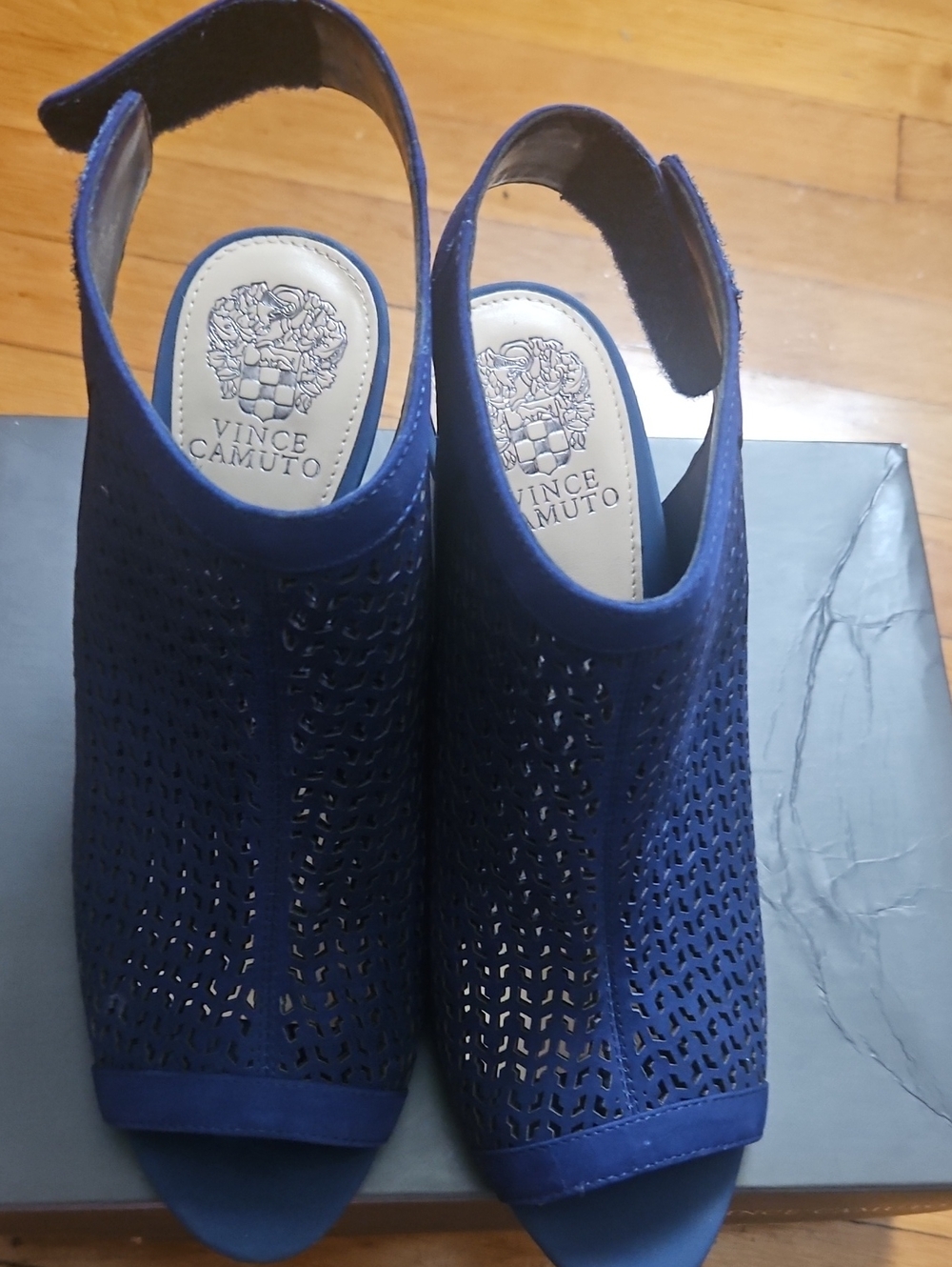 Vince Camuto Navy Laser-Cut Peep-Toe Slingback Mules